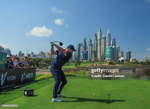 Rory McIlroy of Northern Ireland plays his tee shot on the eighth hole during the completion of the second round on Day Three of the Hero Dubai...