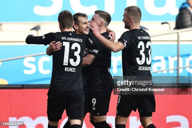 Robert Tesche of Osnabrueck celebrates the second goal with his team mates during the 3. Liga match between MSV Duisburg and VfL Osnabrück at...