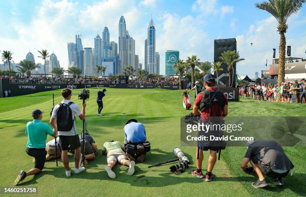 Rory McIlroy of Northern Ireland plays his third shot on the 16th hole during the completion of the second round on Day Three of the Hero Dubai...