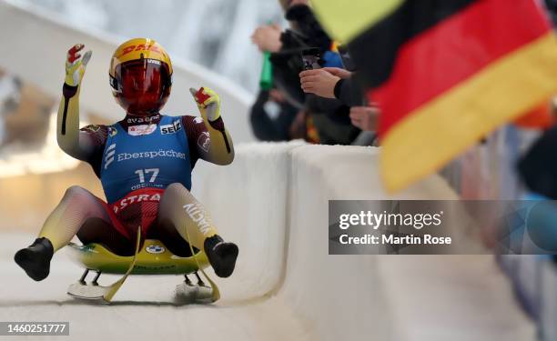 Julia Taubitz of Germany celebrates after winning the silver medal during the Women's Singles Run 2 during day 2 of the FIL Luge World Championships...