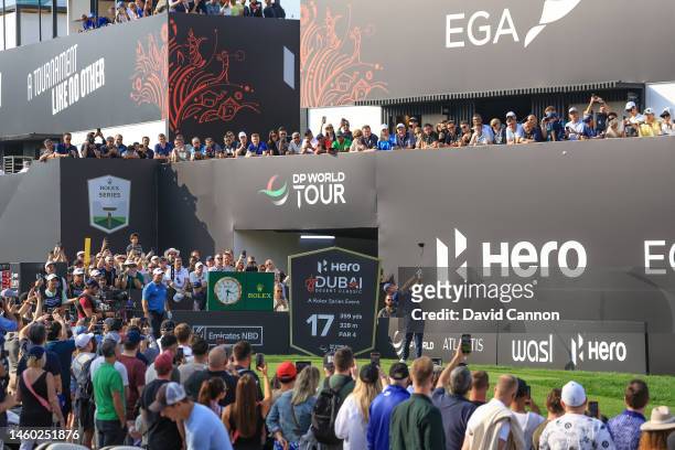 Rory McIlroy of Northern Ireland plays his tee shot on the 17th hole during the completion of the second round on Day Three of the Hero Dubai Desert...