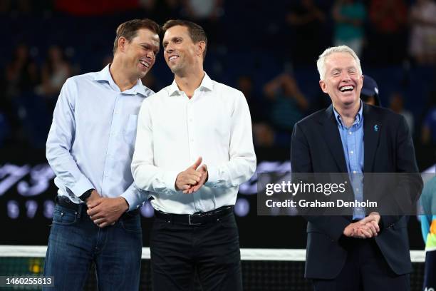 Bob Bryan and Mike Bryan of the United States and CEO of Tennis Australia Craig Tiley after the Men’s Doubles Final between Rinky Hijikata and Jason...