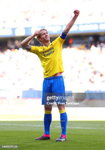 Alex Fernandez of Cadiz CF celebrates after scoring the team's second goal from a penalty kick during the LaLiga Santander match between Cadiz CF and...