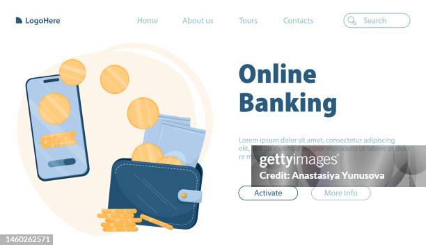 web page template for online banking - digital money transfer stock illustrations