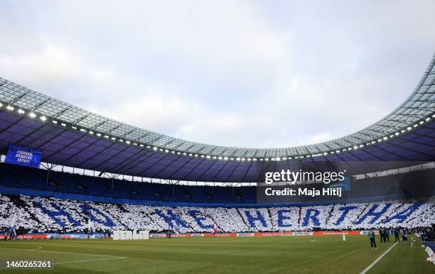 Hertha BSC fans unveil a tifo prior to the Bundesliga match between Hertha BSC and 1. FC Union Berlin at Olympiastadion on January 28, 2023 in...