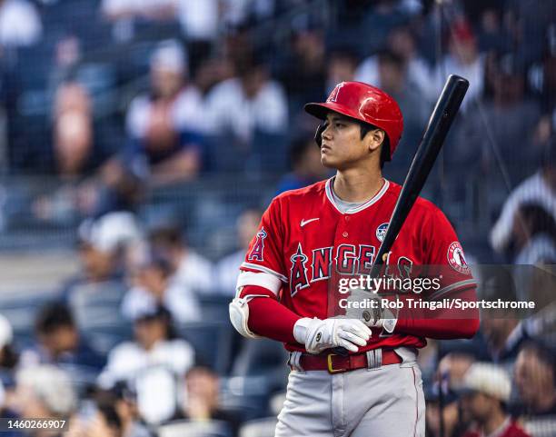 Shohei Ohtani of the Los Angeles Angels looks on in Game Two of a doubleheader against the New York Yankees at Yankee Stadium on June 02, 2022 in the...