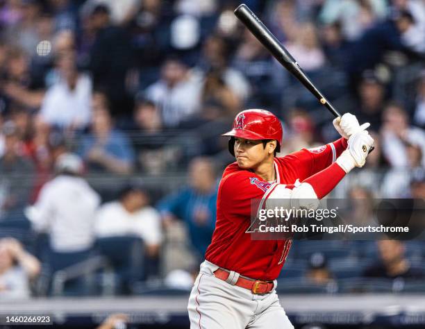 Shohei Ohtani of the Los Angeles Angels bats in Game Two of a doubleheader against the New York Yankees at Yankee Stadium on June 02, 2022 in the...