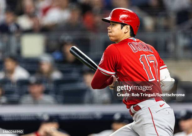 Shohei Ohtani of the Los Angeles Angels bats in Game Two of a doubleheader against the New York Yankees at Yankee Stadium on June 02, 2022 in the...