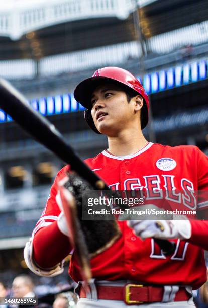 Shohei Ohtani of the Los Angeles Angels looks on in Game Two of a doubleheader against the New York Yankees at Yankee Stadium on June 02, 2022 in the...
