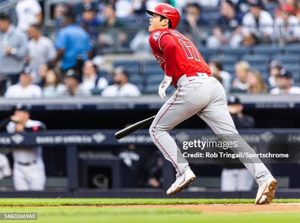 Shohei Ohtani of the Los Angeles Angels bats in Game Two of a doubleheader against the New York Yankees at Yankee Stadium on June 02, 2022 in the...