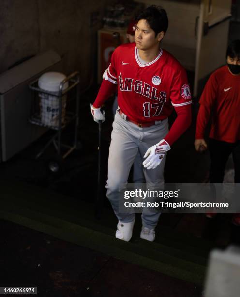 Shohei Ohtani of the Los Angeles Angels looks on in Game Two of a doubleheader against the New York Yankees at Yankee Stadium on June 02, 2022 in the...