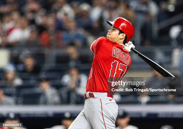 Shohei Ohtani of the Los Angeles Angels bats in Game Two of a doubleheader against the New York Yankees at Yankee Stadium on June 02, 2022 in the...