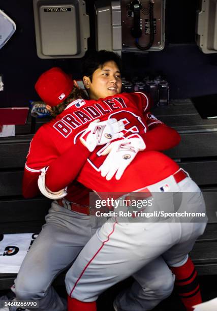 Shohei Ohtani of the Los Angeles Angels looks on in Game Two of a doubleheader against the New York Yankees at Yankee Stadium on June 02, 2022 in the...