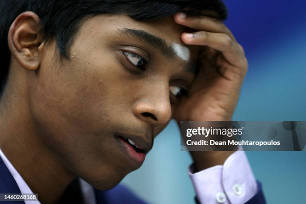 Rameshbabu Praggnanandhaa of India competes against Magnus Carlsen of Norway in Round 12 of the Masters Tata Steel Chess Tournament 2023 on January...