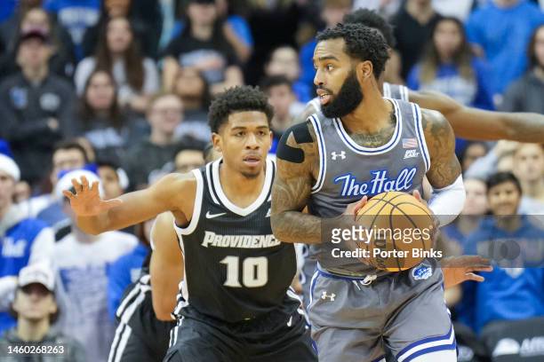 Jamir Harris of the Seton Hall Pirates dribbles the ball against the Providence Friars at Prudential Center on December 17, 2022 in Newark, NJ.