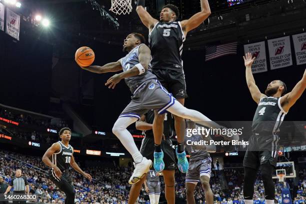 Al-Amir Dawes of the Seton Hall Pirates shoots the ball against the Providence Friars at Prudential Center on December 17, 2022 in Newark, NJ.