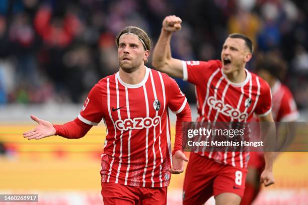 Lucas Hoeler of SC Freiburg celebrates after scoring the team's second goal during the Bundesliga match between Sport-Club Freiburg and FC Augsburg...