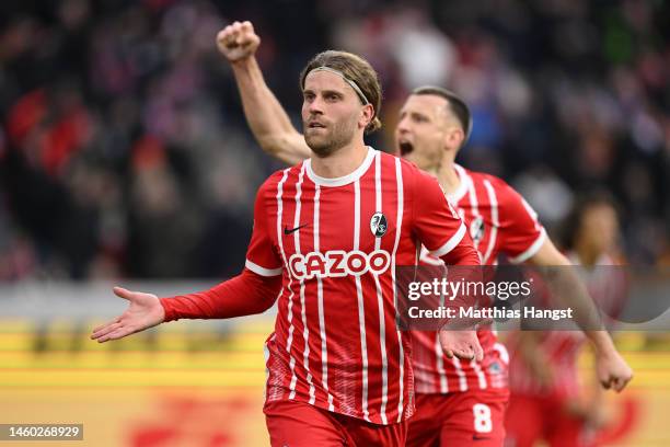 Lucas Hoeler of SC Freiburg celebrates after scoring the team's second goal during the Bundesliga match between Sport-Club Freiburg and FC Augsburg...