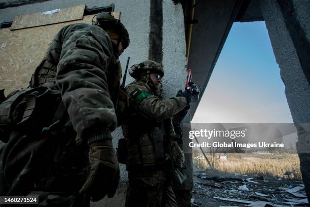 Ukrainian military members follow a quadcopter on a tablet on January 27, 2023 in Bakhmut, Ukraine. Russian forces, continuing to focus their efforts...