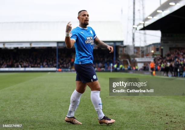 Jonson Clarke-Harris of Peterborough United celebrates after scoring the first goal during the Sky Bet League One between Peterborough United and...