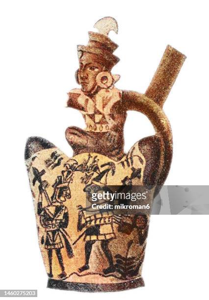 old engraved illustration of mochica pottery - moche civilization, northern peru with its capital near present-day moche, trujillo, peru - artifact stock pictures, royalty-free photos & images