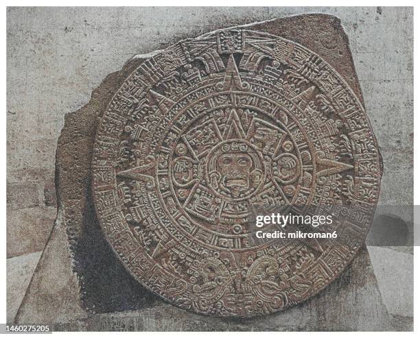 old engraved illustration of aztec or mexica calendar - calendrical system used by the aztecs as well as other pre-columbian peoples of central mexico - indian art culture and entertainment stock pictures, royalty-free photos & images