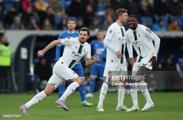 Jonas Hofmann of Borussia Monchengladbach celebrates after scoring the team's second goal, after Referee Benjamin Brand concludes there was no...