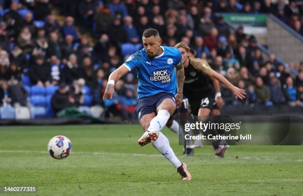 Jonson Clarke-Harris of Peterborough United scores the second goal from the penalty spot during the Sky Bet League One between Peterborough United...