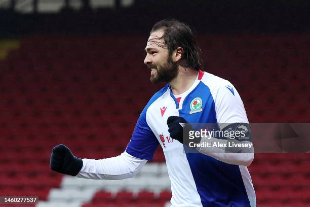 Bradley Dack of Blackburn Rovers celebrates after scoring the team's first goal during the Emirates FA Cup Fourth Round match between Blackburn...