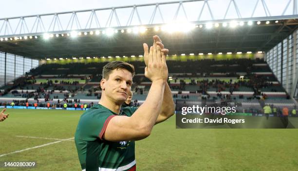 Freddie Burns of Leicester Tigers applauds the crowd after making his final appearance for Leicester Tigers during the Gallagher Premiership Rugby...