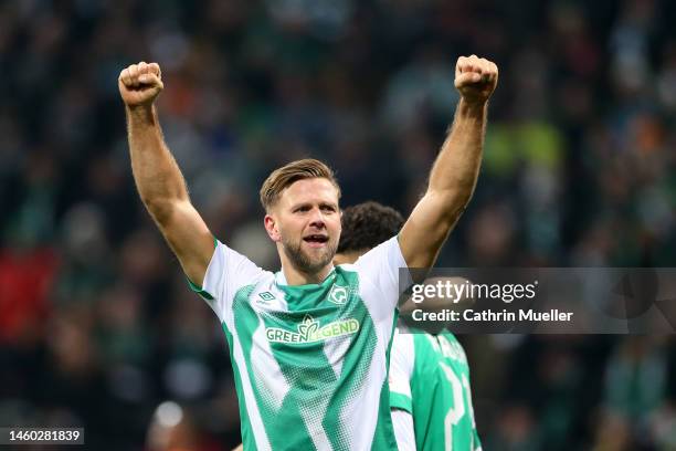 Niclas Fuellkrug of SV Werder Bremen celebrates after scoring the team's second goal during the Bundesliga match between SV Werder Bremen and VfL...