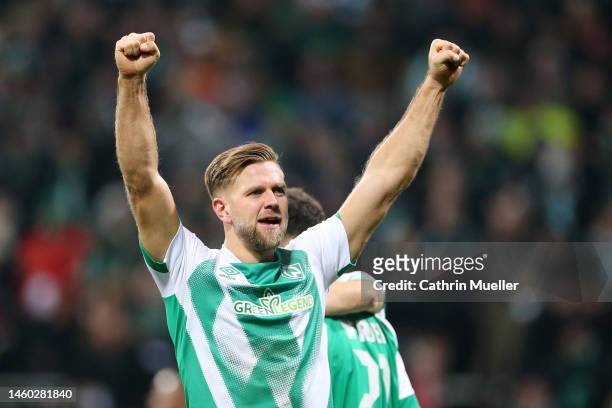 Niclas Fuellkrug of SV Werder Bremen celebrates after scoring the team's second goal during the Bundesliga match between SV Werder Bremen and VfL...