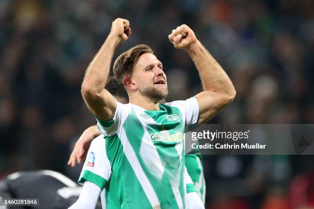 Niclas Fuellkrug of SV Werder Bremen celebrates after scoring the team's second goal during the Bundesliga match between SV Werder Bremen and VfL...