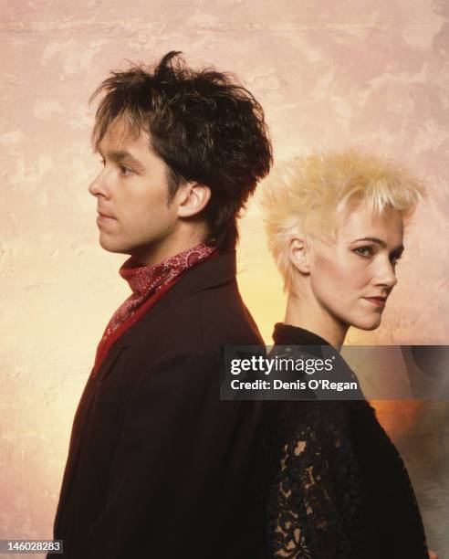 Per Gessle and Marie Fredriksson of Swedish pop duo Roxette, circa 1987.