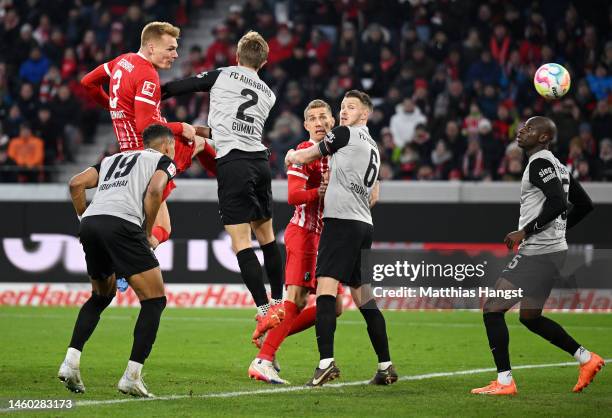 Philipp Lienhart of SC Freiburg scores the team's third goal during the Bundesliga match between Sport-Club Freiburg and FC Augsburg at Europa-Park...