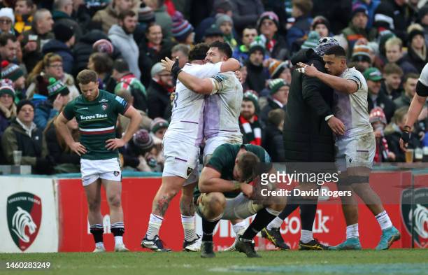 Northampton Saints players celebrate after their victory during the Gallagher Premiership Rugby match between Leicester Tigers and Northampton Saints...