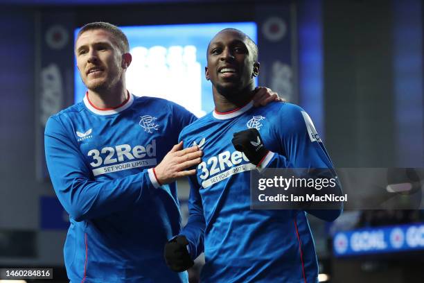 Glen Kamara of Rangers celebrates after scoring the team's second goal with teammate John Lundstram during the Cinch Scottish Premiership match...