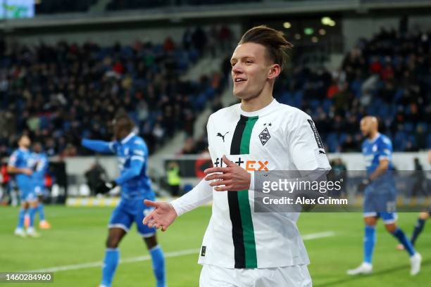 Hannes Wolf of Borussia Monchengladbach celebrates after scoring the team's fourth goal during the Bundesliga match between TSG Hoffenheim and...