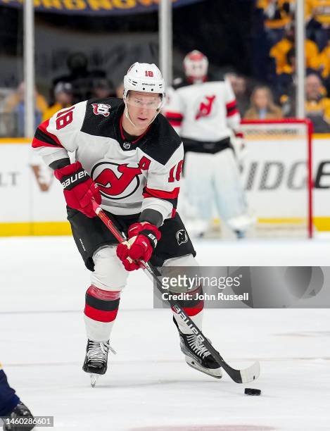Ondrej Palat of the New Jersey Devils skates against the Nashville Predators during an NHL game at Bridgestone Arena on January 26, 2023 in...