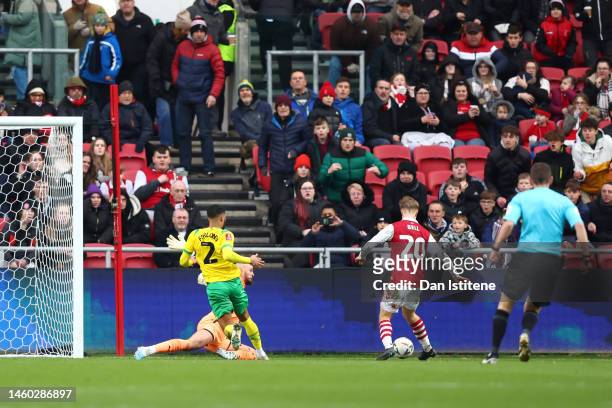 Sam Bell of Bristol City scores the team's third goal during the Emirates FA Cup Fourth Round match between Bristol City and West Bromwich Albion at...