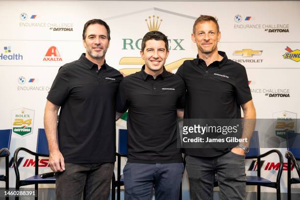 Drivers Jimmie Johnson, Mike Rockenfeller, and Jenson Button pose for a photo after a press conference announcing the NASCAR Garage 56 driver lineup...
