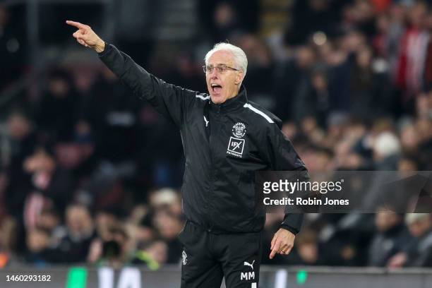 Head Coach Mick McCarthy of Blackpool is not happy with Referee Craig Pawson's decisions during the FA Cup 4th Round match between Southampton and...