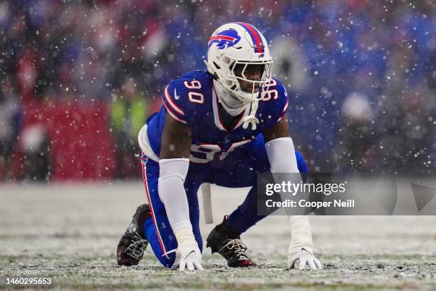 Shaq Lawson of the Buffalo Bills gets set against the Cincinnati Bengals at Highmark Stadium on January 22, 2023 in Orchard Park, New York.