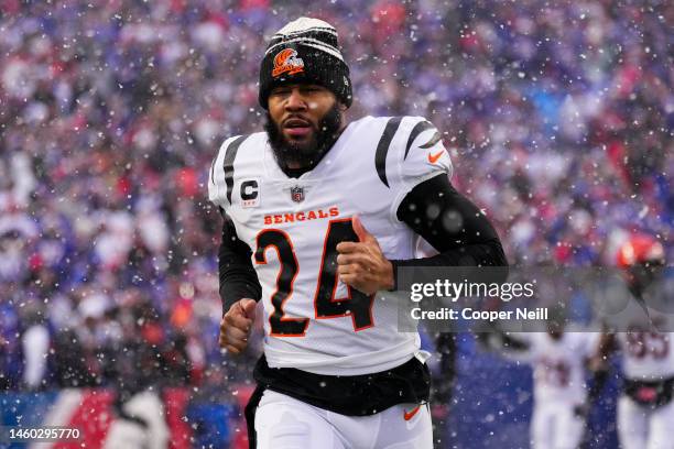 Vonn Bell of the Cincinnati Bengals runs onto the field during introductions against the Buffalo Bills at Highmark Stadium on January 22, 2023 in...