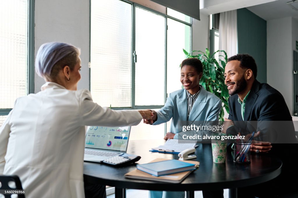 Businesswoman closing a deal with clients
