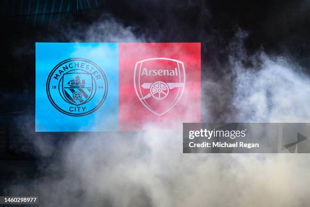 The Manchester City and Arsenal badge are seen at the Emirates FA Cup Fourth Round match at the Etihad Stadium on January 27, 2023 in Manchester,...
