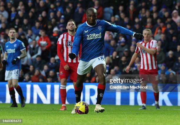 Glan Kamara of Rangers scores his team's second goal during the Cinch Scottish Premiership match between Rangers FC and St. Johnstone FC at on...