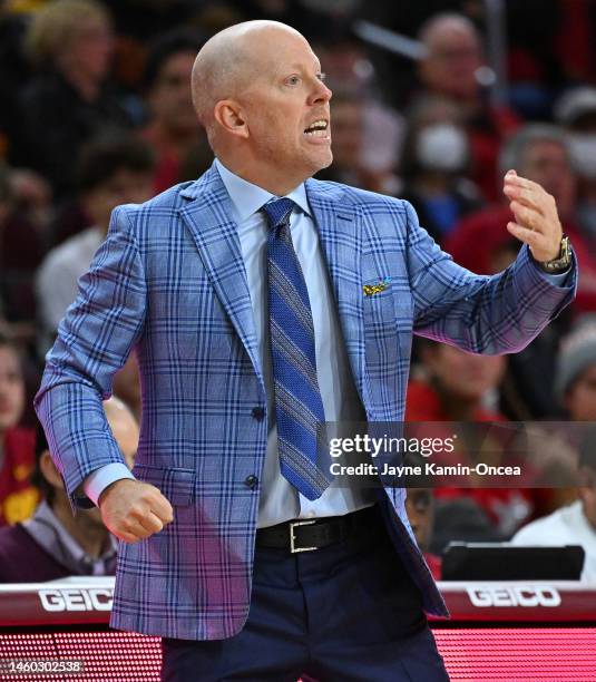 Head coach Mick Cronin of the UCLA Bruins reacts during the second half against the USC Trojans at Galen Center on January 26, 2023 in Los Angeles,...