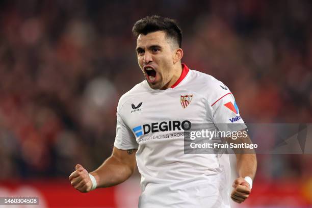 Marcos Acuna of Sevilla FC celebrates after scoring the team's second goal during the LaLiga Santander match between Sevilla FC and Elche CF at...