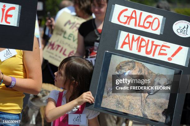 Young girl holds a placard showing a mutilated greyhound as she participates on June 9, 2012 in front the European Parliament in Strasbourg, eastern...